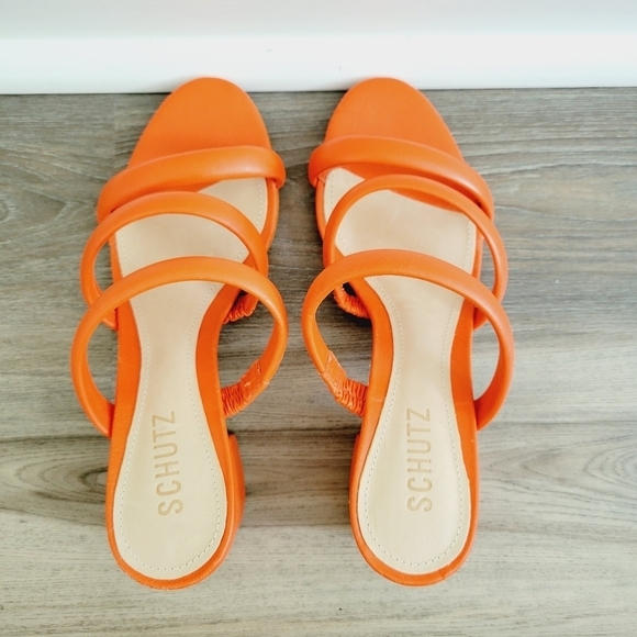 SCHUTZ Olly Slip On Block Heel Leather Sandal Orange Size 7 B Made In Brazil - Picture 4 of 5